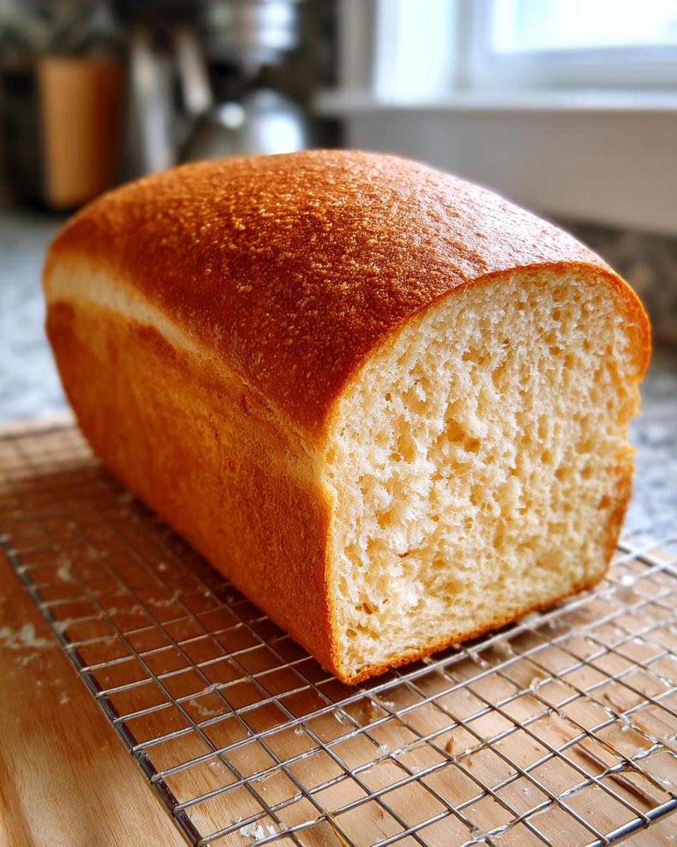 A freshly baked loaf of fluffy whole wheat bread resting on a wire cooling rack, showing its golden crust and soft interior.