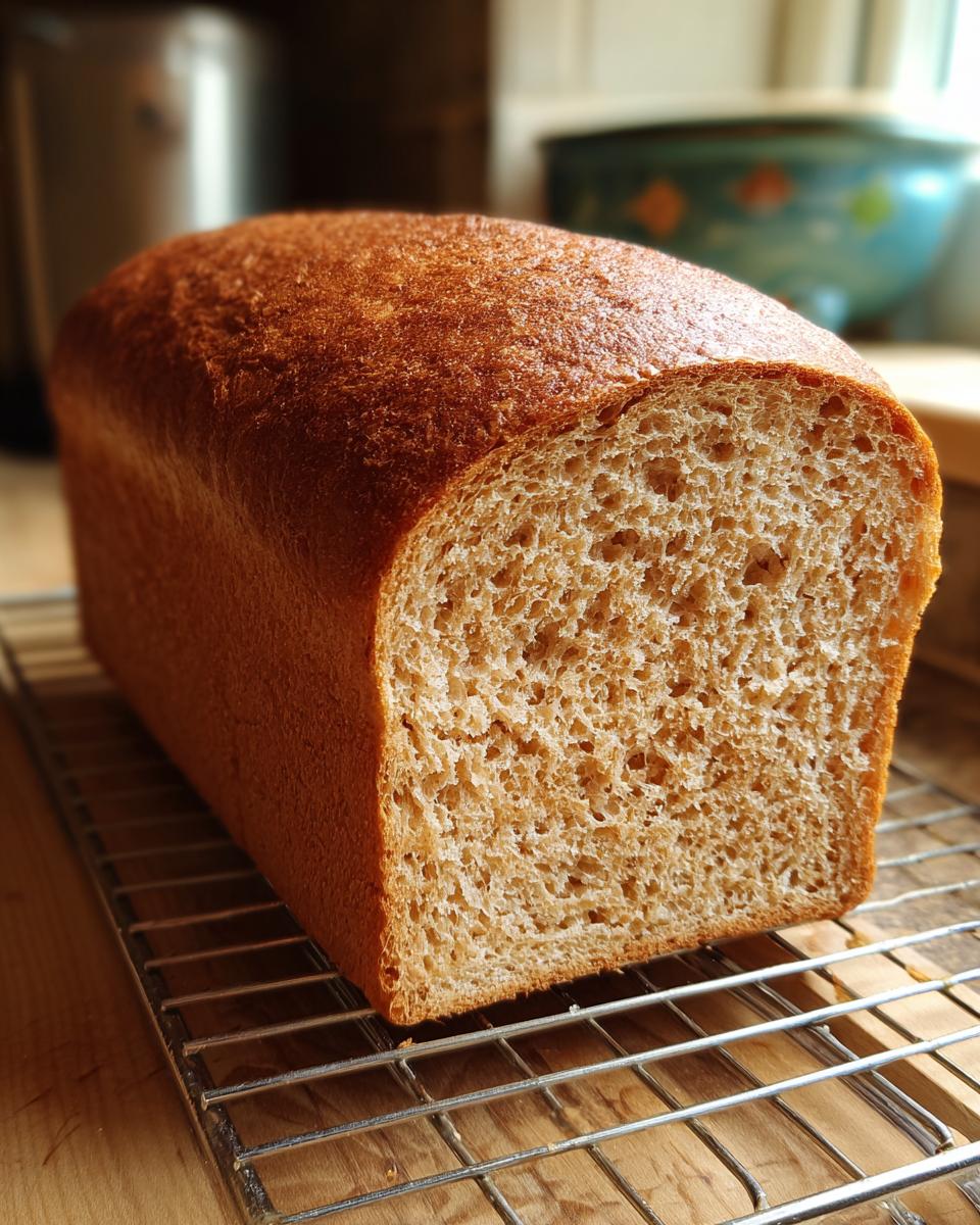 A freshly baked, perfectly shaped loaf of whole wheat bread with a rich brown crust, showing a fluffy interior crumb while cooling on a wire rack.