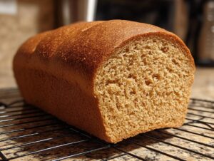 A freshly baked loaf of fluffy 100% whole wheat bread resting on a black wire cooling rack.