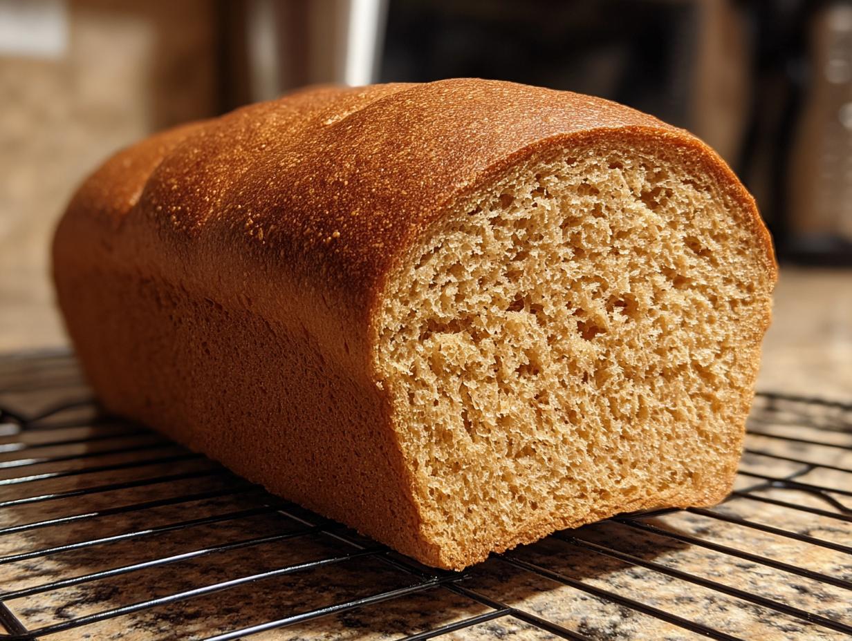 A freshly baked loaf of fluffy 100% whole wheat bread resting on a black wire cooling rack.