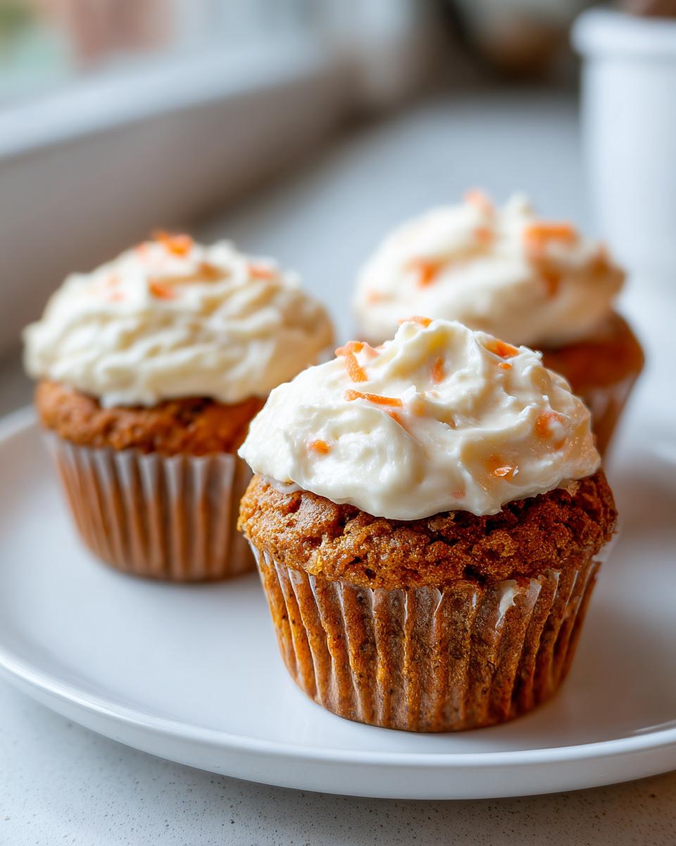 Three delicious carrot cake muffins topped with thick cream cheese frosting and shredded carrot garnish.