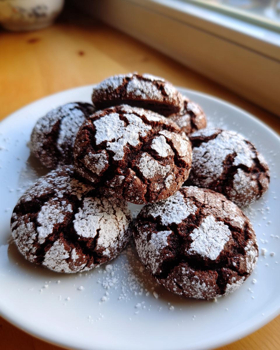 A stack of fudgy chocolate crinkle cookies dusted heavily with powdered sugar on a white plate.