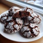 A pile of rich, dark chocolate crinkle cookies dusted heavily with powdered sugar, one cookie broken open to show the fudgy interior.