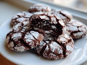 A close-up of several fudgy chocolate crinkle cookies dusted heavily with powdered sugar on a white plate.