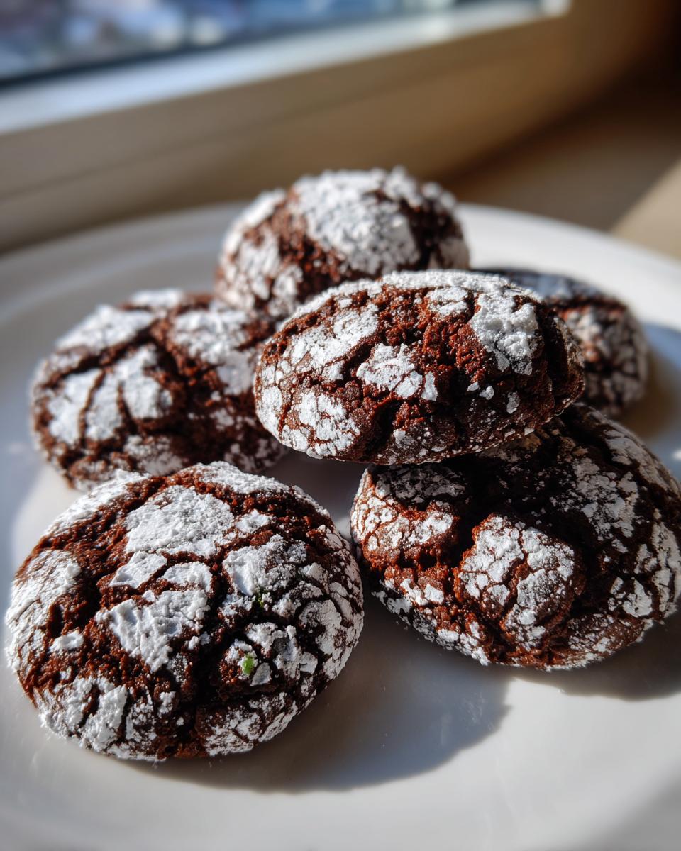 A close-up of five rich, dark chocolate crinkle cookies dusted heavily with powdered sugar.