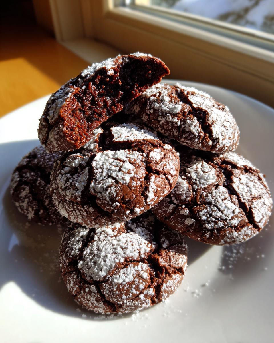 A stack of rich, fudgy chocolate crinkle cookies dusted heavily with powdered sugar, with one cookie broken open.