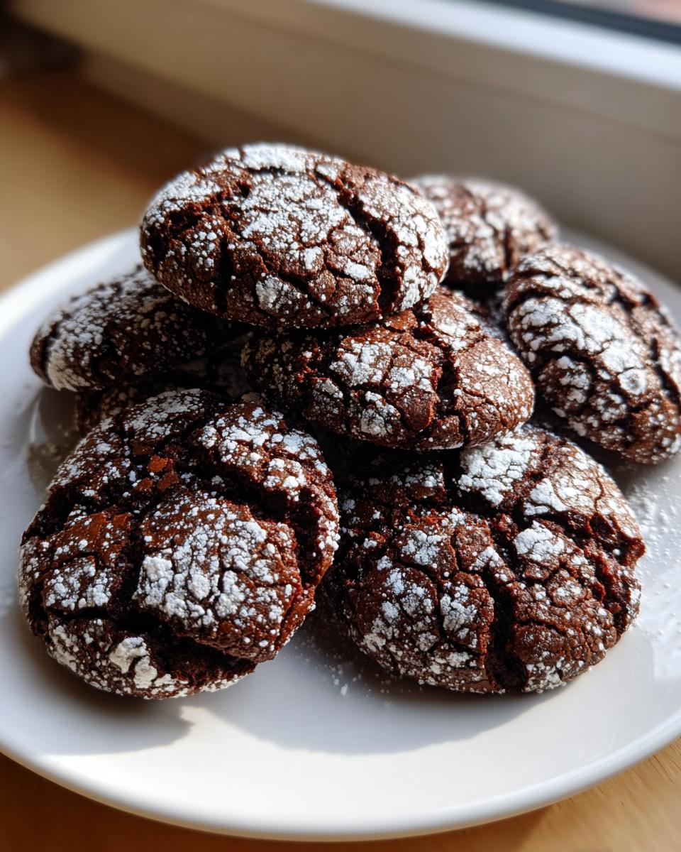 A close-up stack of rich, dark chocolate crinkle cookies generously dusted with white powdered sugar.