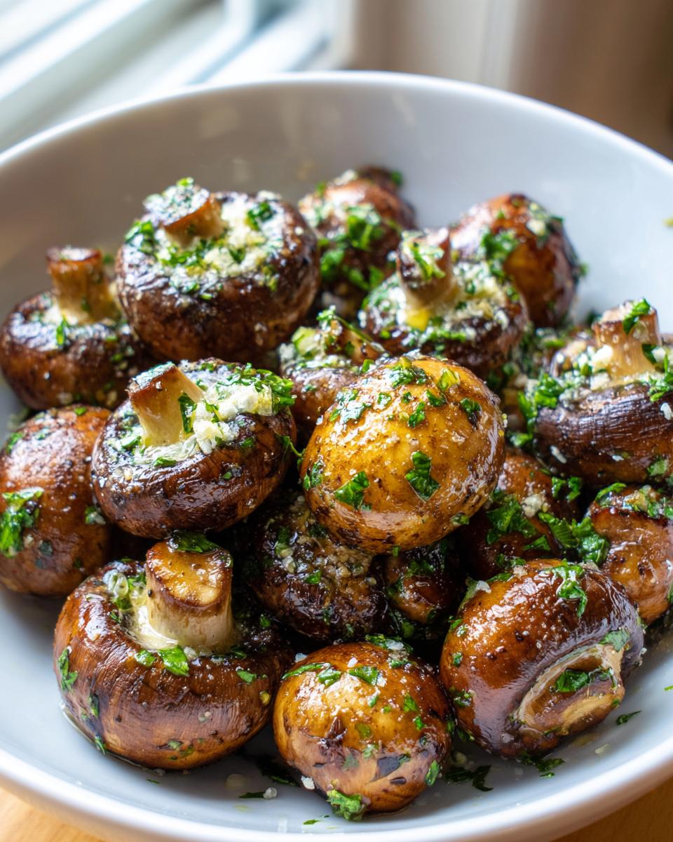A close-up of whole, sautéed garlic butter mushrooms glistening with butter and topped with fresh parsley.