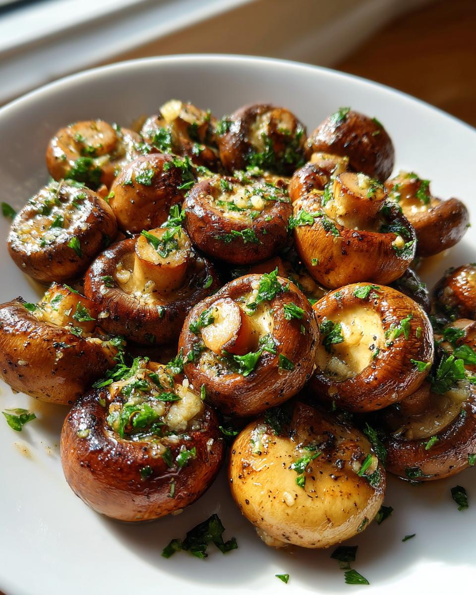A close-up of delicious, glossy garlic butter mushrooms topped with fresh parsley, served in a white bowl.