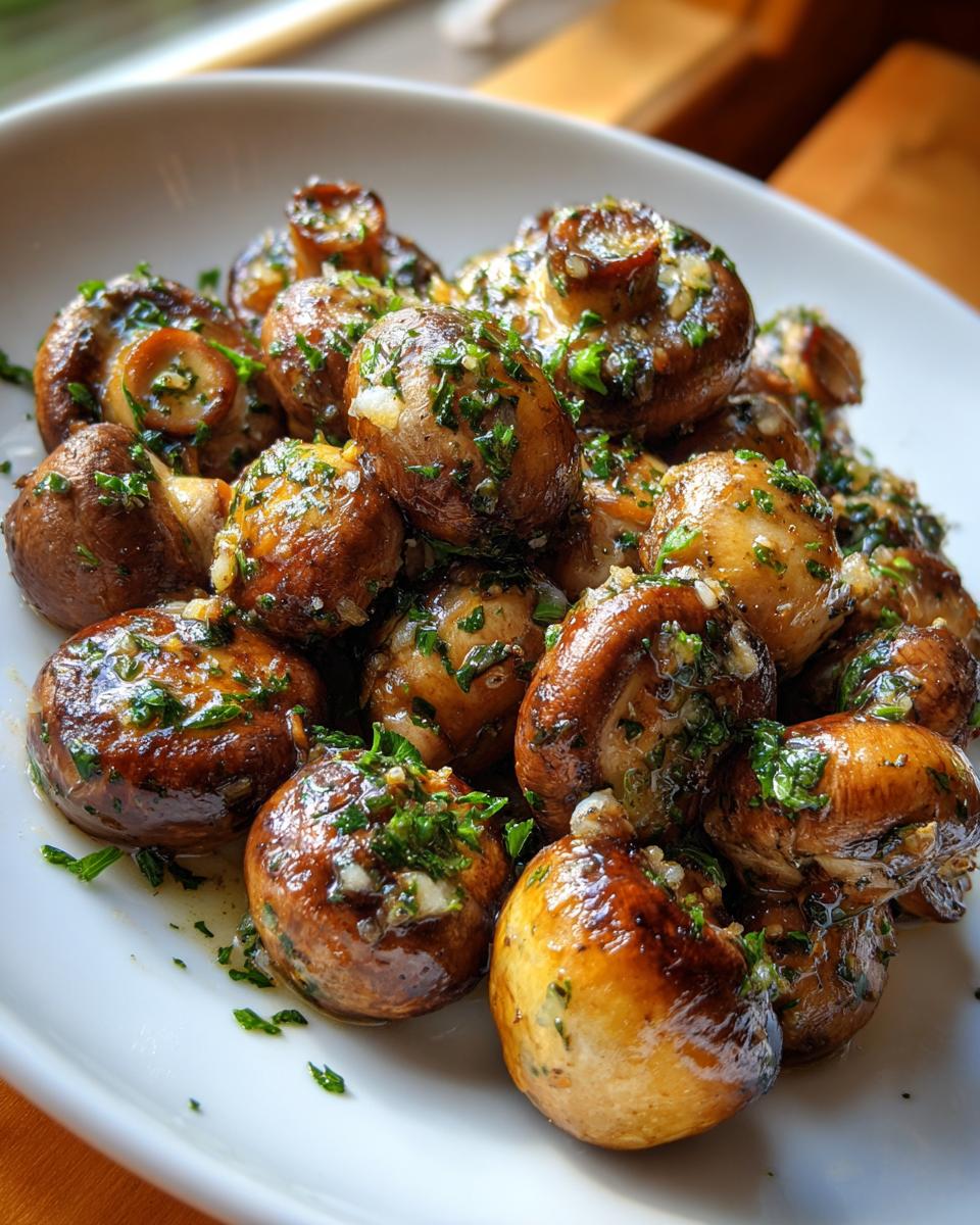 A close-up of perfectly sautéed Garlic Butter Mushrooms glistening in sauce and topped with fresh chopped parsley.