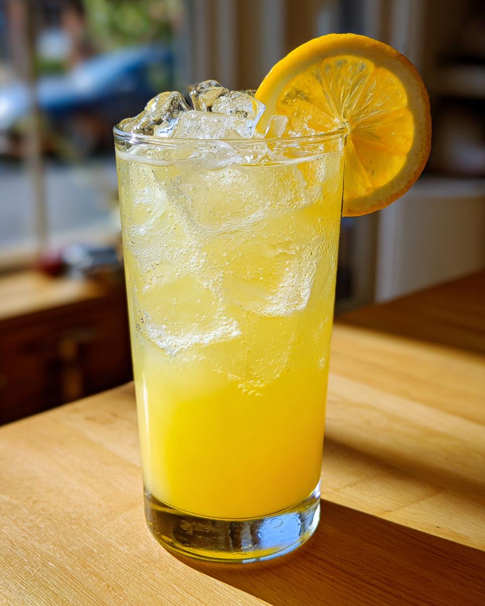 A tall glass filled with bright yellow, icy lemonade, garnished with a fresh orange slice.