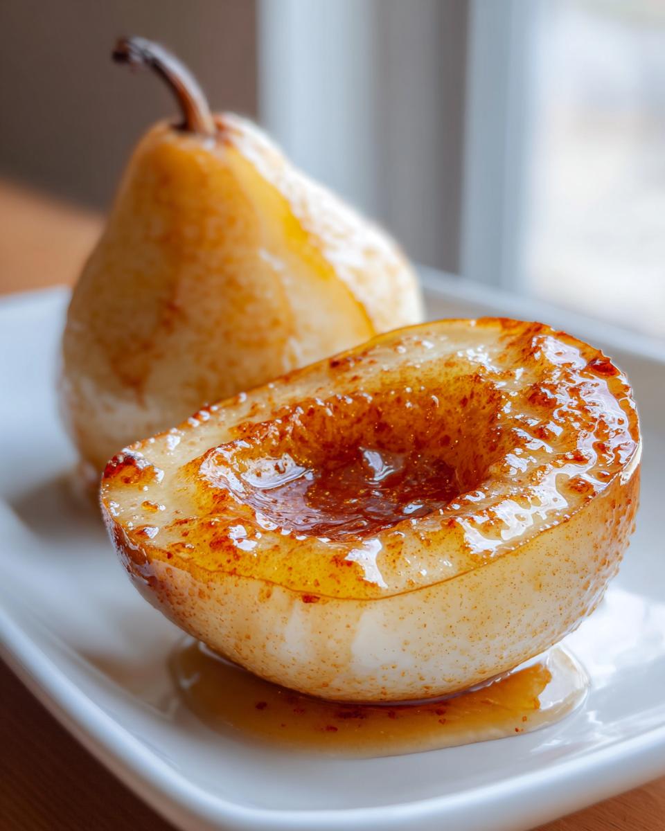 A close-up of a halved baked pear filled with caramelized glaze, next to a whole baked pear.