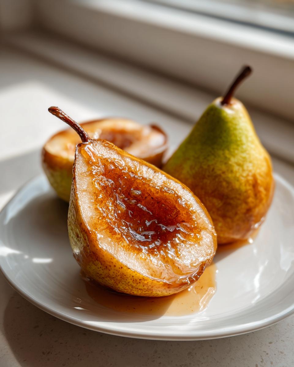 Close-up of delicious baked pears, one halved and filled with sweet caramel glaze, sitting on a white plate.