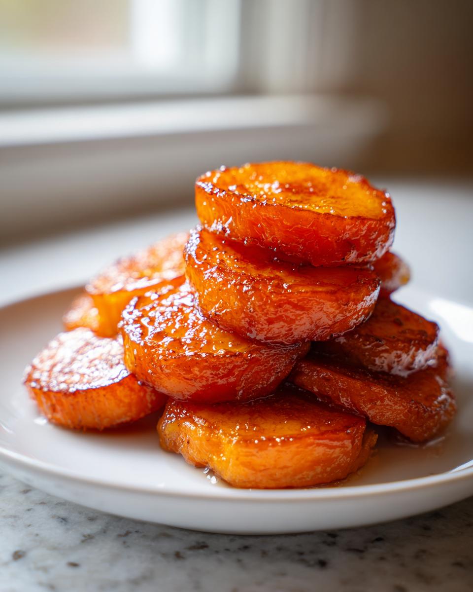 Close-up of thick, glistening slices of candied sweet potatoes stacked on a white plate.