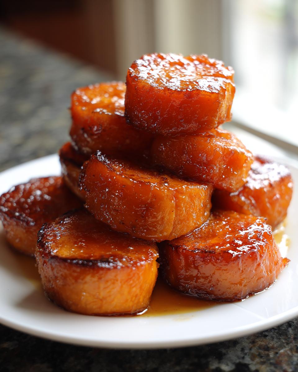 A stack of thick, round candied sweet potatoes glistening with a rich, dark glaze.