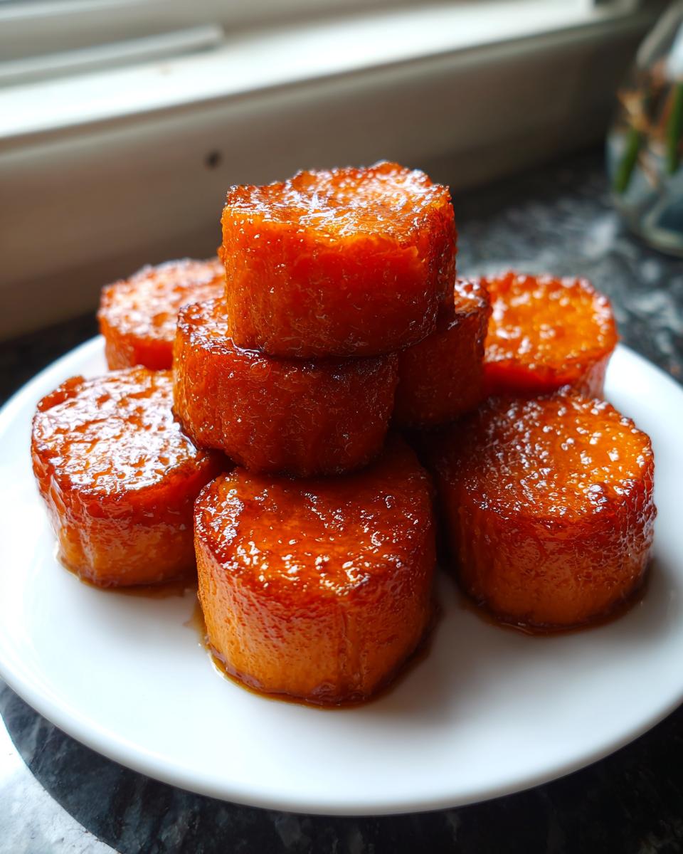 A stack of glossy, orange candied sweet potatoes coated in rich syrup on a white plate.