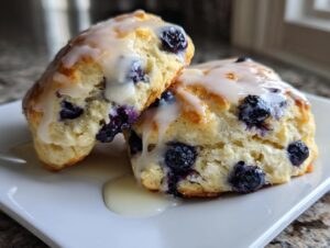Close-up of two freshly baked lemon blueberry scones topped with a thick, dripping lemon glaze.