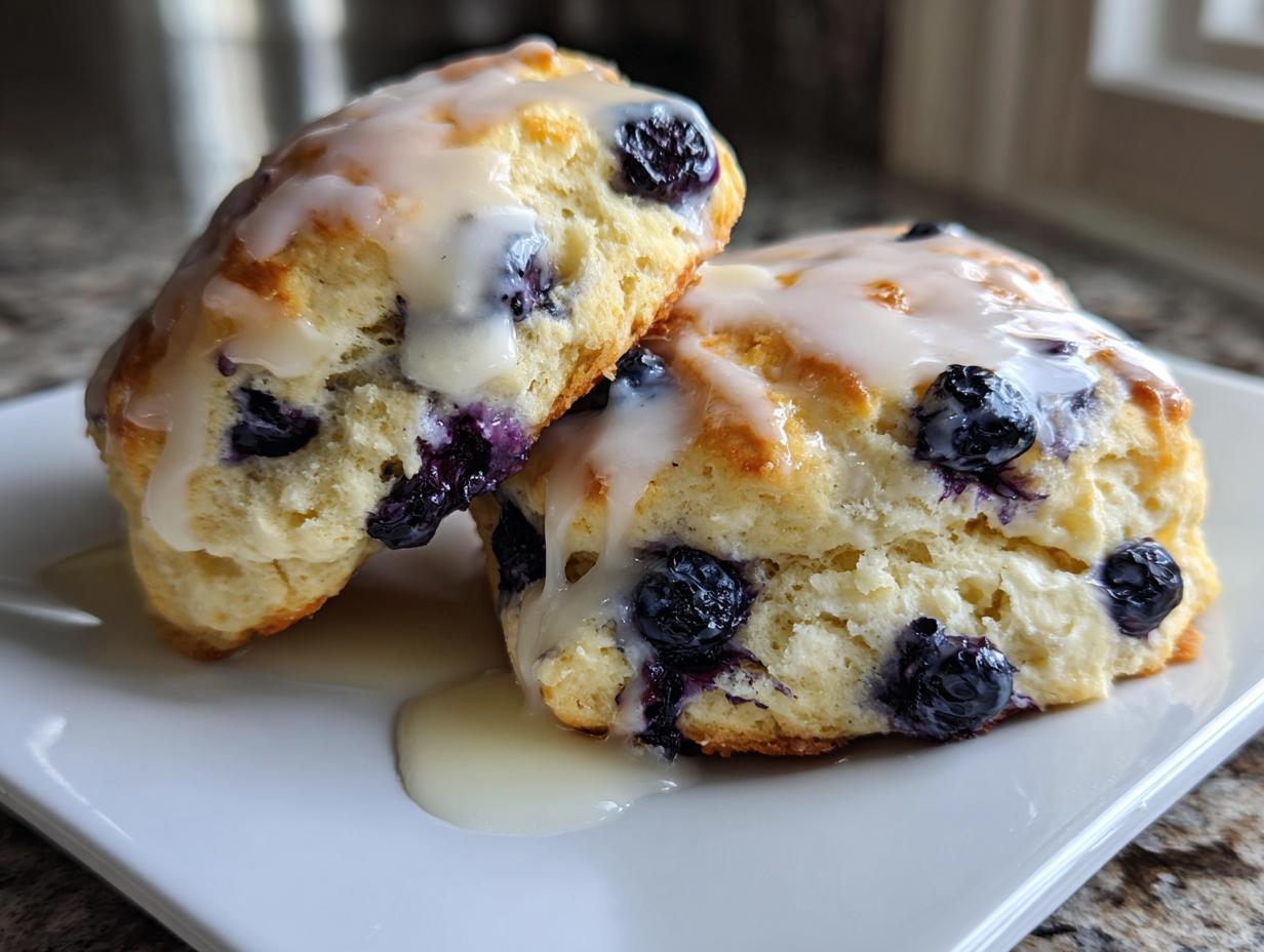 Close-up of two freshly baked lemon blueberry scones topped with a thick, dripping lemon glaze.