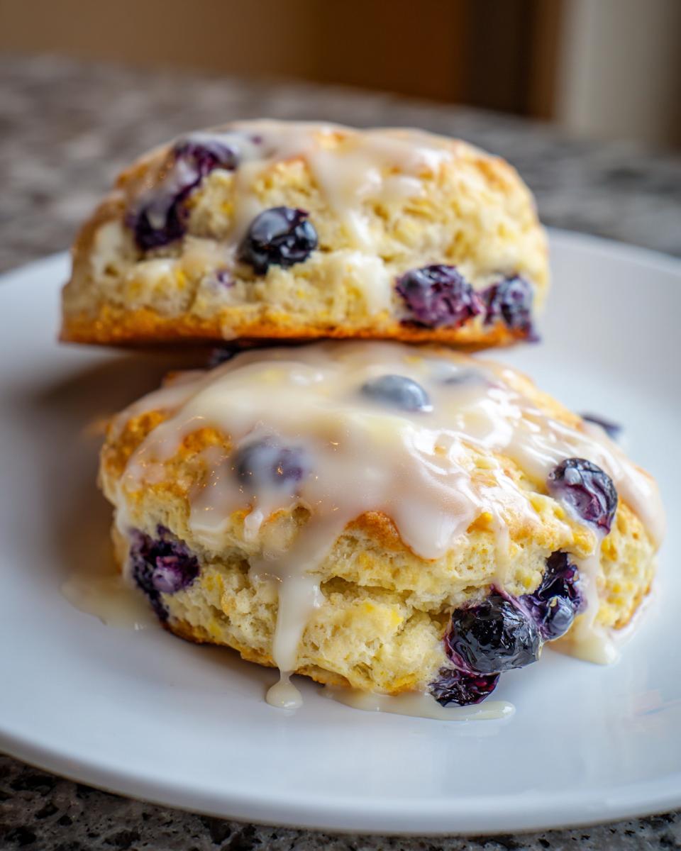 Two delicious lemon blueberry scones, drizzled heavily with white glaze, stacked on a white plate.