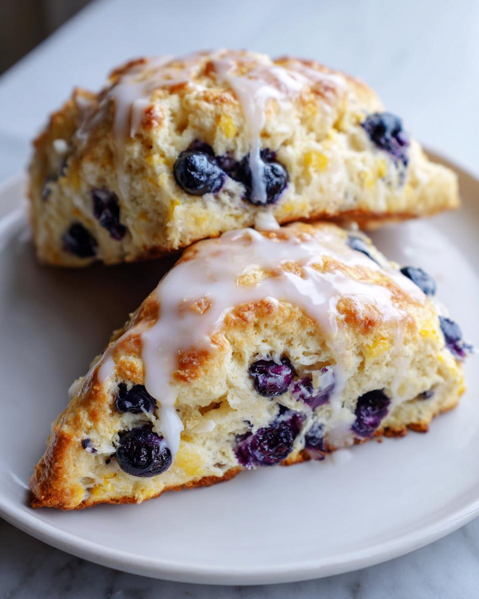 Close-up of two delicious lemon blueberry scones stacked, generously drizzled with white lemon glaze.