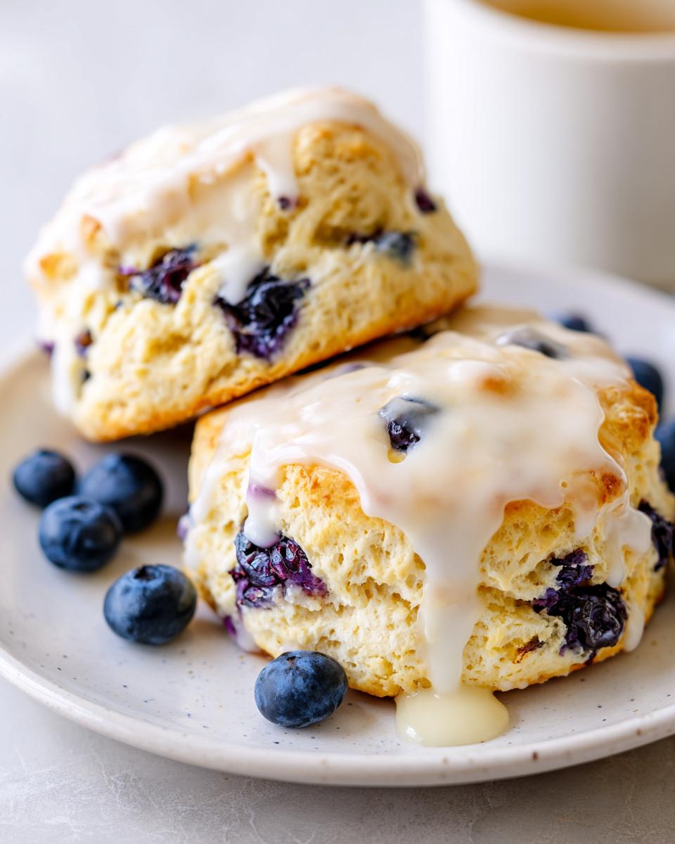 Close-up of two glazed lemon blueberry scones stacked on a plate with fresh blueberries scattered around.