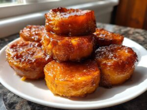 Close-up of several thick slices of candied sweet potatoes stacked on a white plate, glistening with a rich, dark glaze.