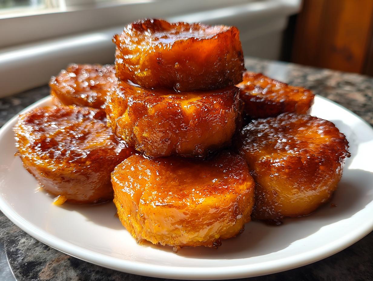 Close-up of several thick slices of candied sweet potatoes stacked on a white plate, glistening with a rich, dark glaze.
