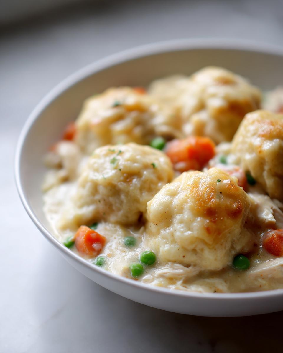 Close-up of fluffy, golden-topped dumplings served over creamy chicken stew with peas and carrots in gluten free chicken and dumplings.