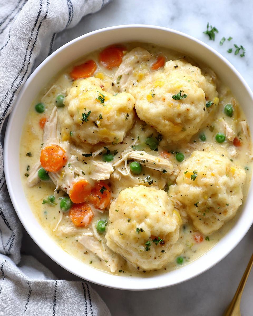 A close-up of a white bowl filled with creamy gluten free chicken and dumplings, carrots, and peas.