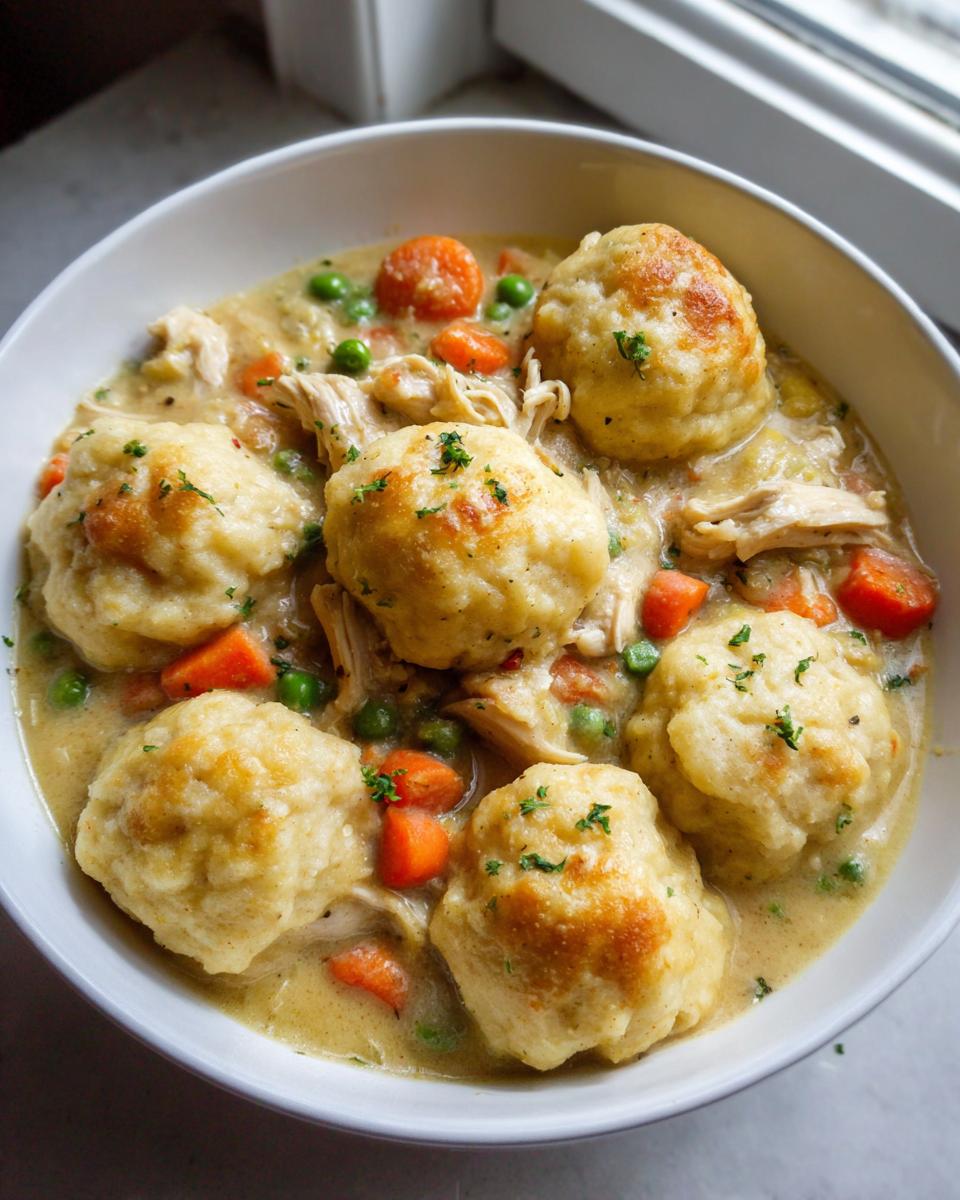 Close-up of a white bowl filled with creamy gluten free chicken and dumplings, featuring large dumplings, shredded chicken, carrots, and peas.