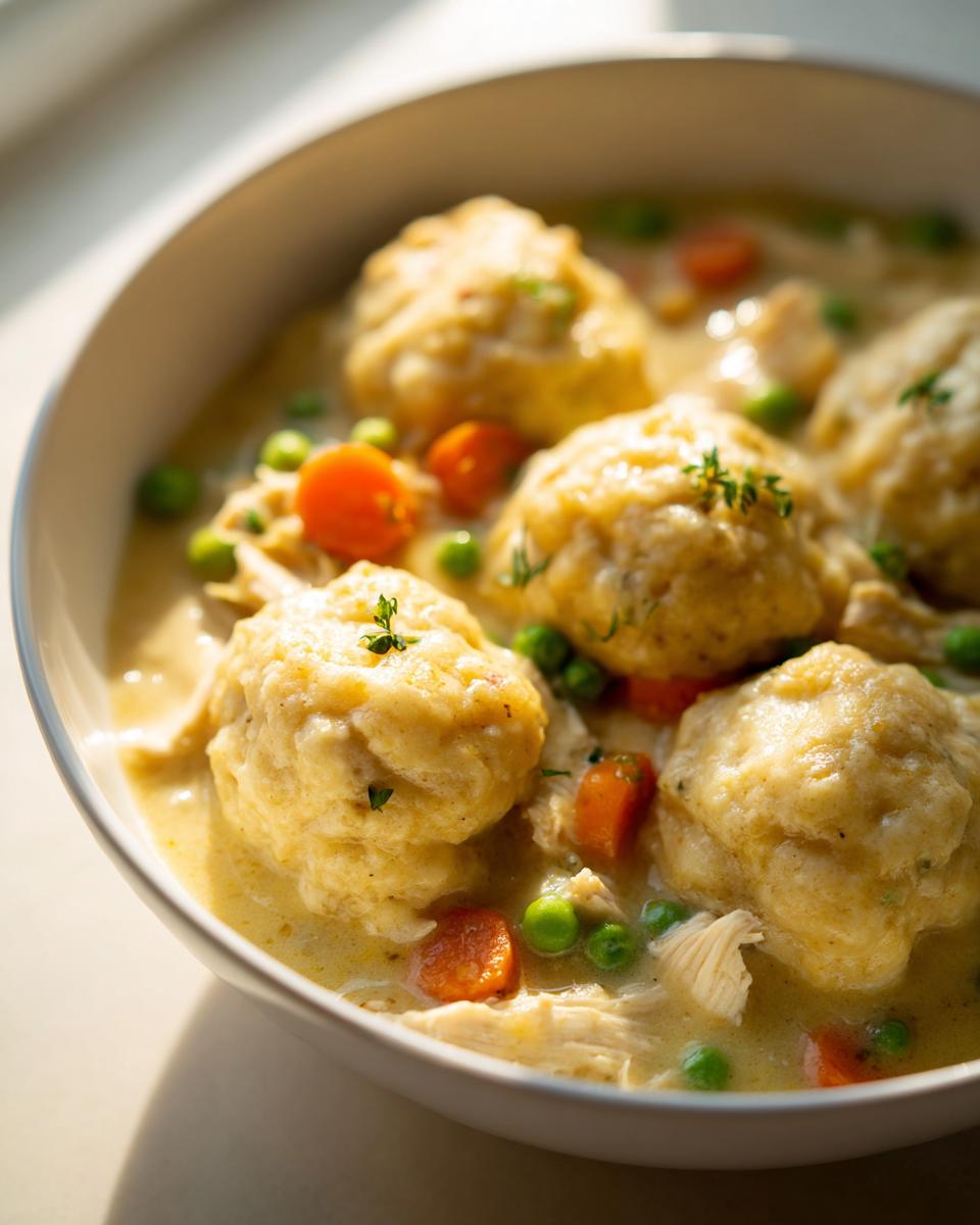 Close-up of a bowl of creamy gluten free chicken and dumplings with carrots and peas.