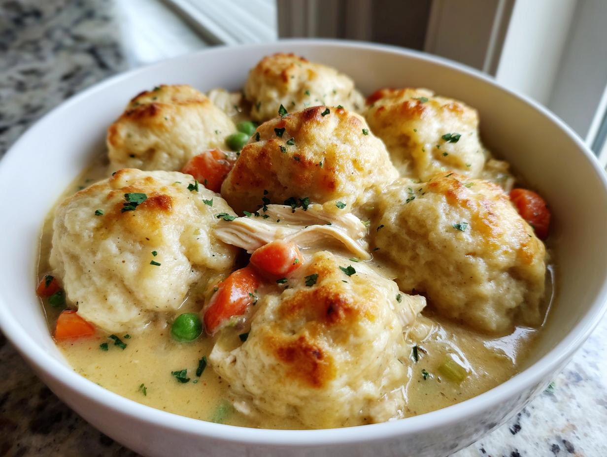 Close-up of a white bowl filled with creamy gluten free chicken and dumplings, topped with herbs.