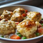 Close-up of fluffy, golden-topped dumplings served in a creamy stew with carrots and peas in a bowl of gluten free chicken and dumplings.