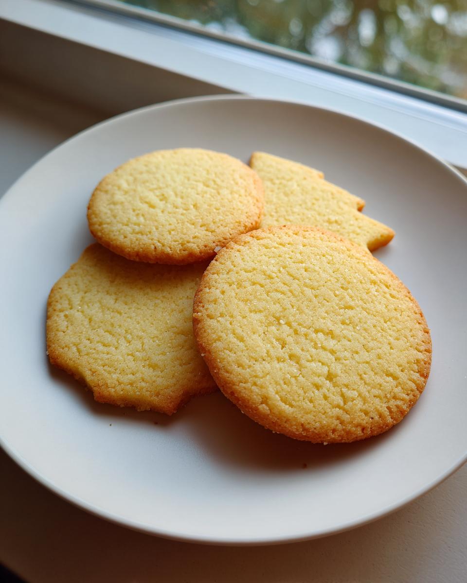 Four golden brown sugar cookie treats, mostly round, resting on a light plate near a window.