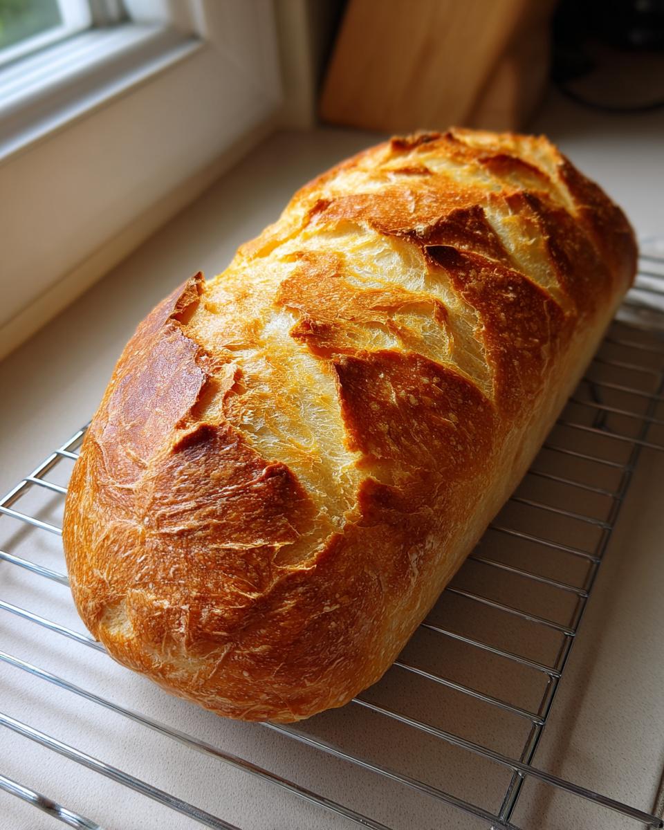 A freshly baked loaf of golden brown french bread cooling on a wire rack near a window.