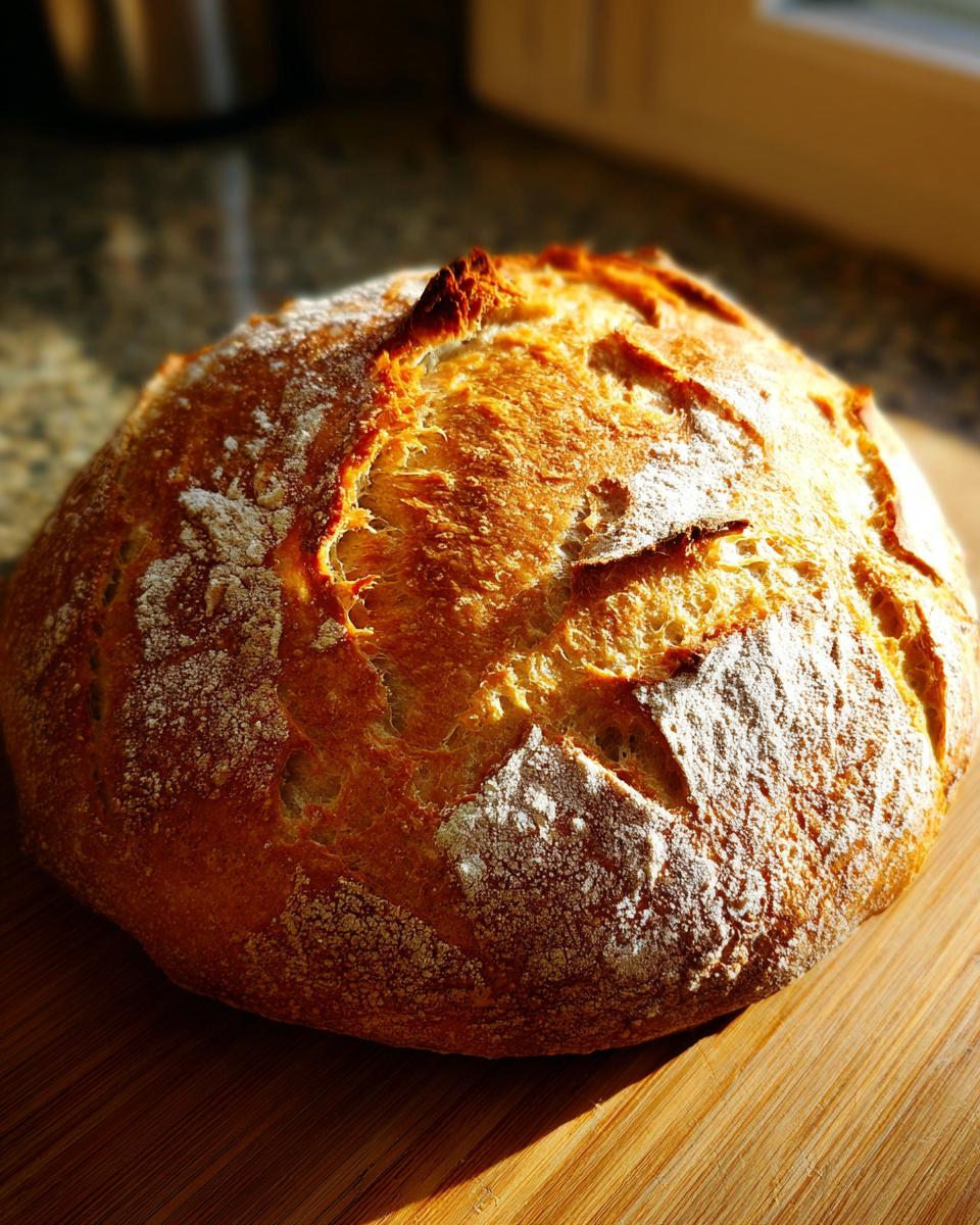 A round loaf of golden-brown Italian bread with a cracked, floured crust resting on a wooden cutting board.