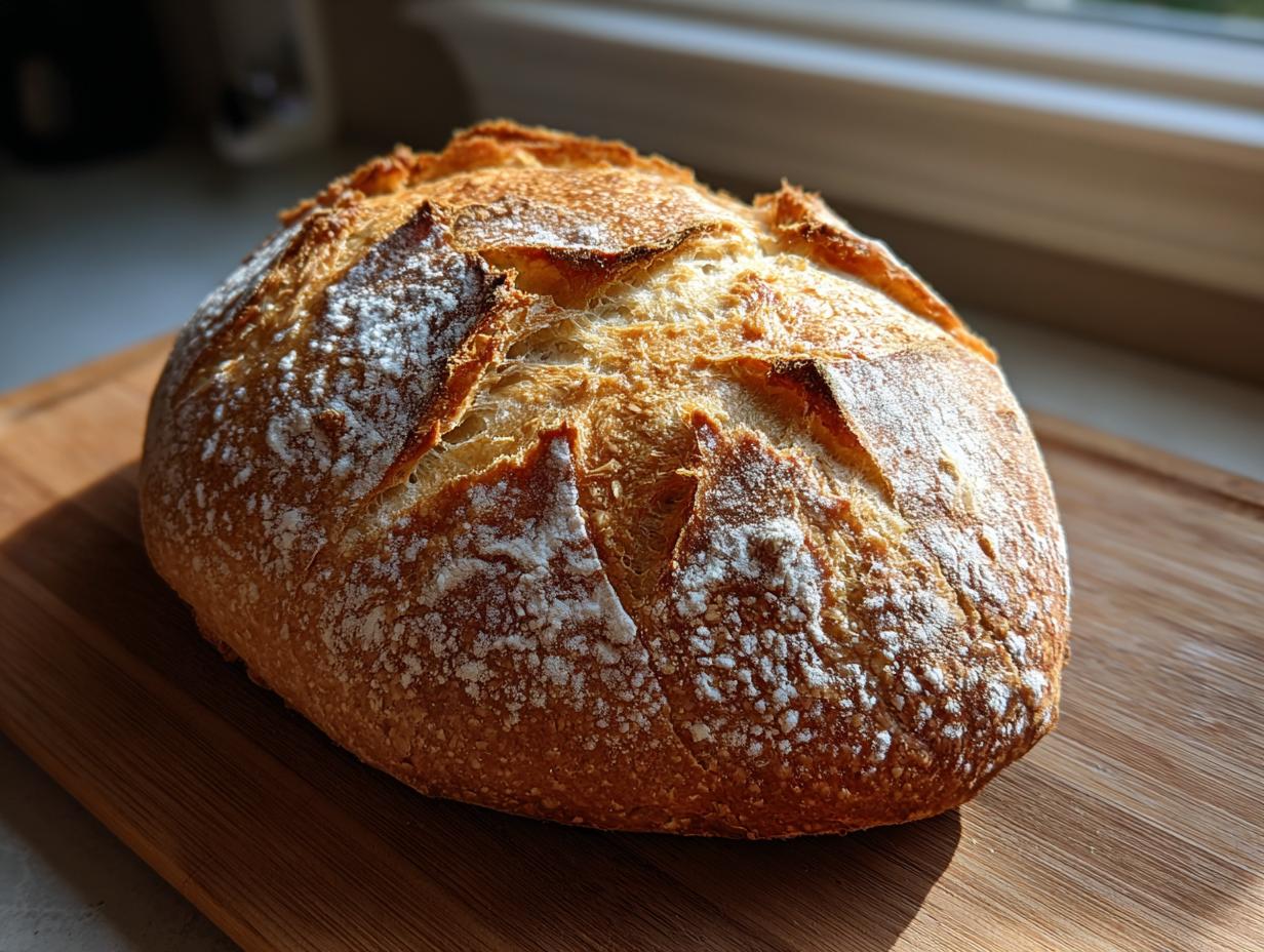 A beautifully baked, round loaf of Italian bread with a golden, cracked crust dusted with flour, resting on a wooden cutting board.