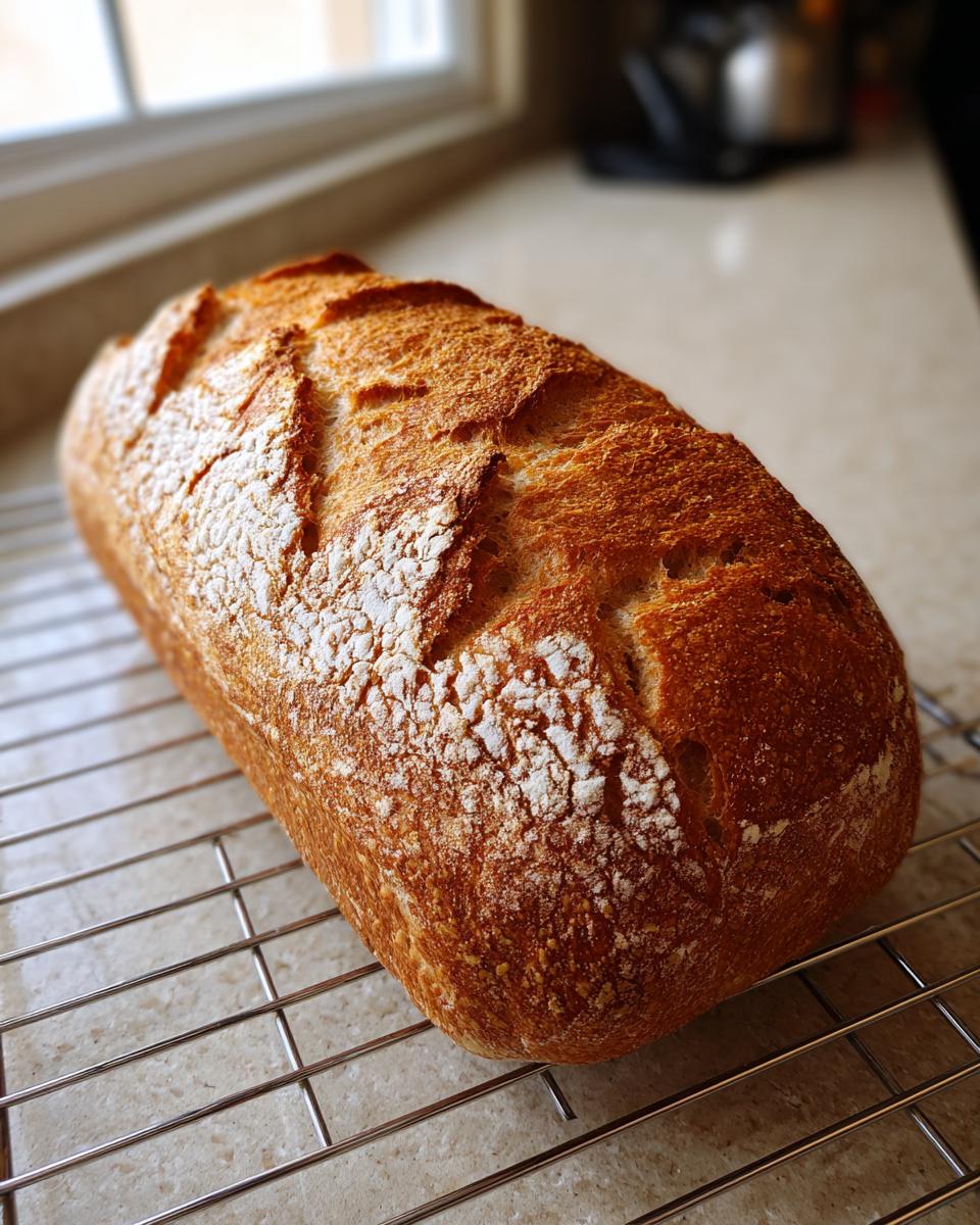 A golden brown, crusty loaf of homemade french bread cooling on a wire rack near a window.