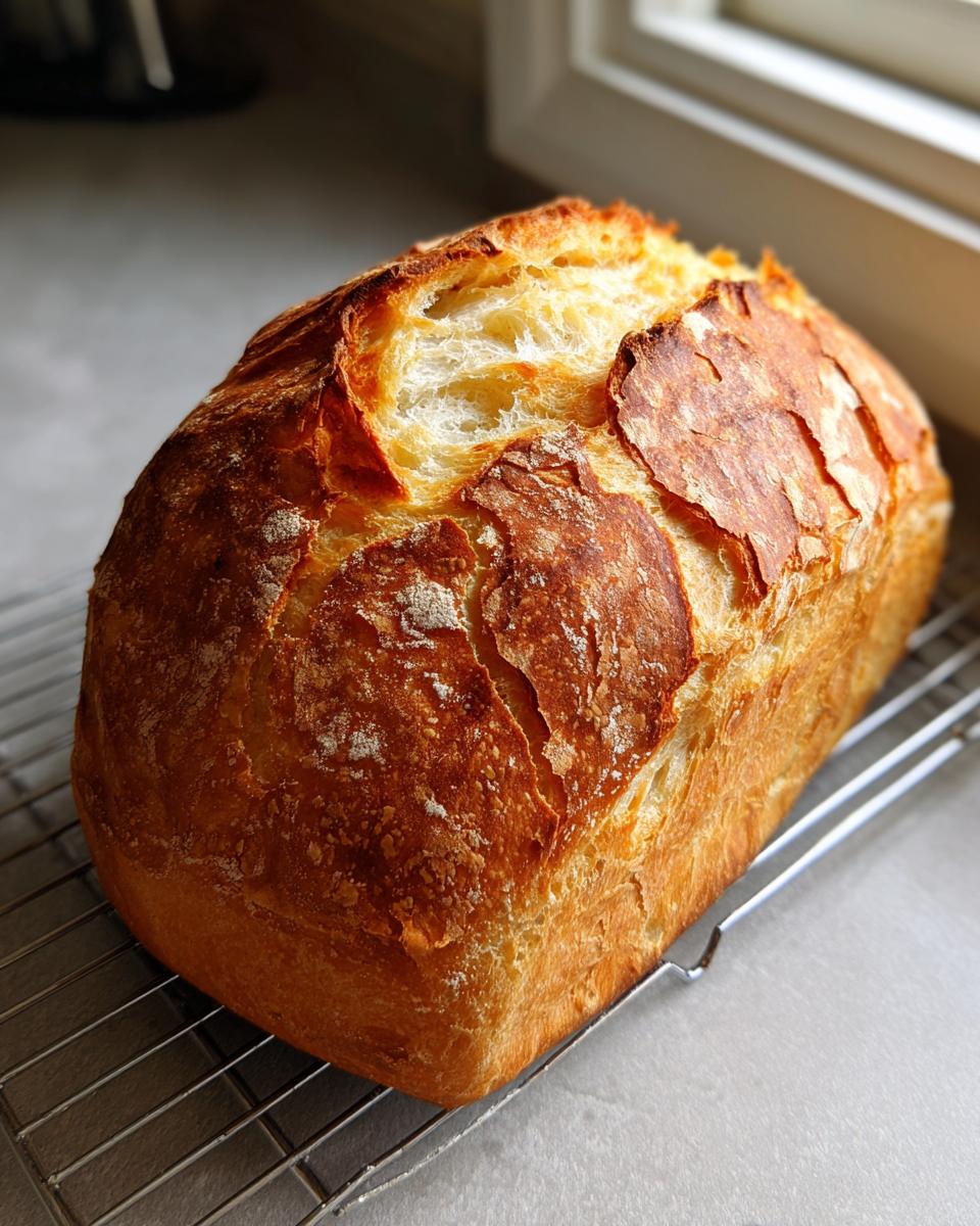 A perfectly baked loaf of homemade french bread with a golden, cracked crust resting on a wire cooling rack.