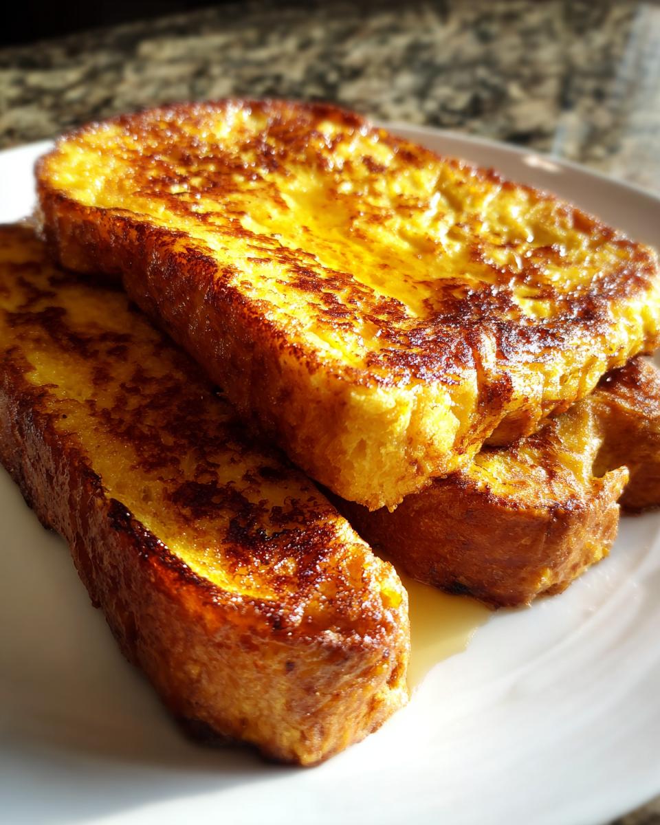 Close-up of thick-cut, golden brown french toast stacked on a white plate with a hint of syrup.