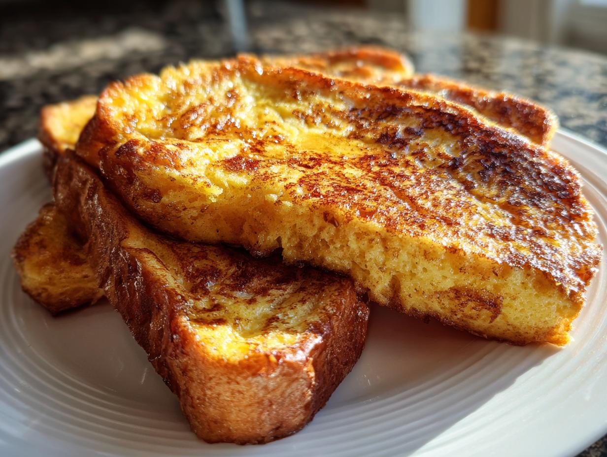 Close-up of thick, golden brown slices of custardy french toast stacked on a white plate.