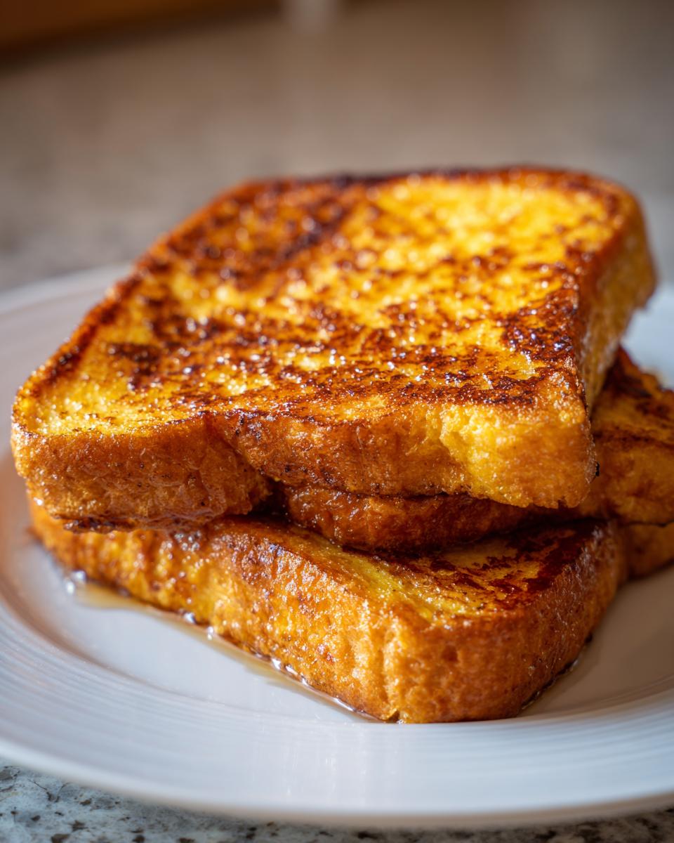 Close-up of a stack of three golden brown, custardy french toast slices drizzled with syrup.