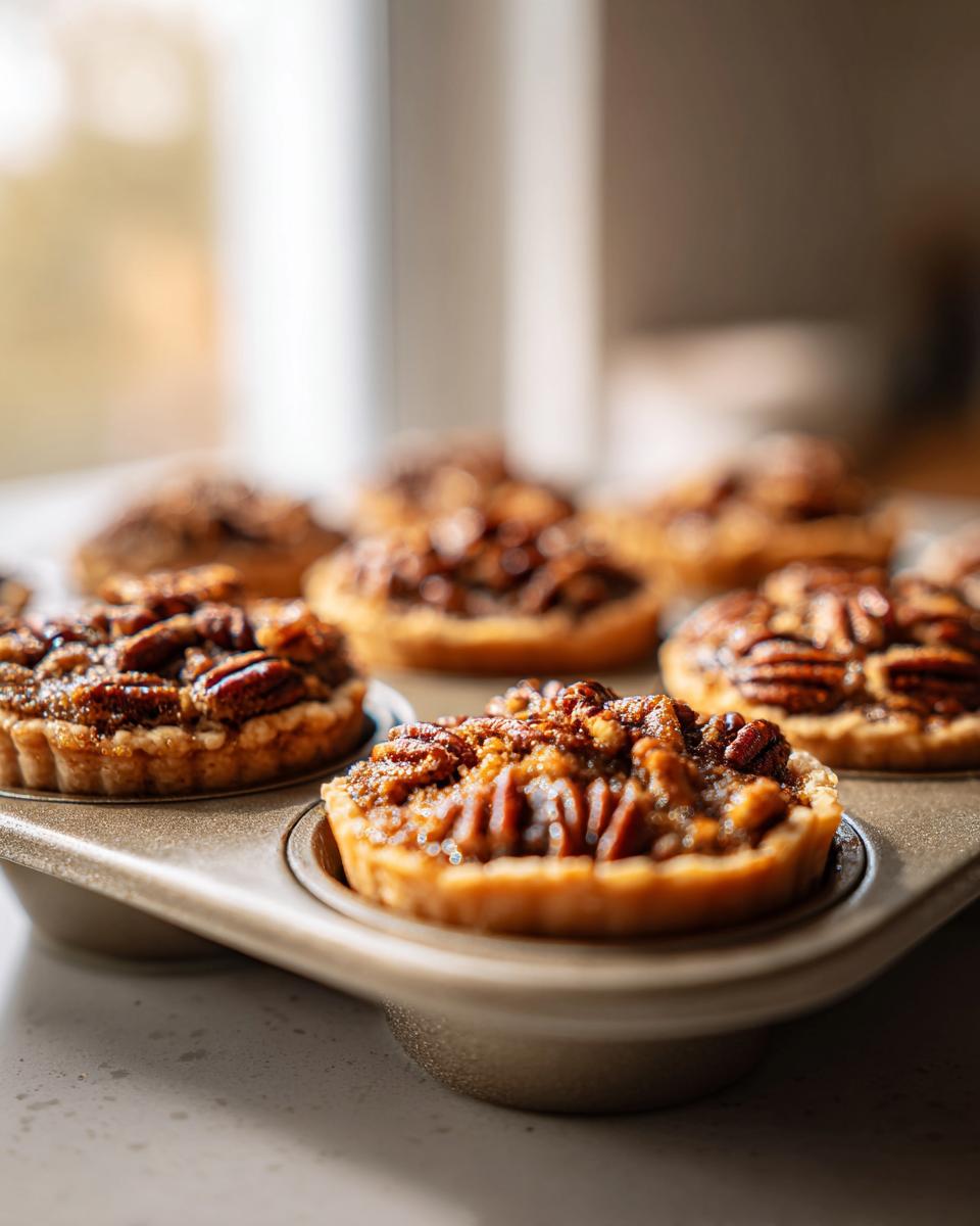 Close-up of gooey mini pecan pies cooling in a baking tin, showcasing the pecan topping.