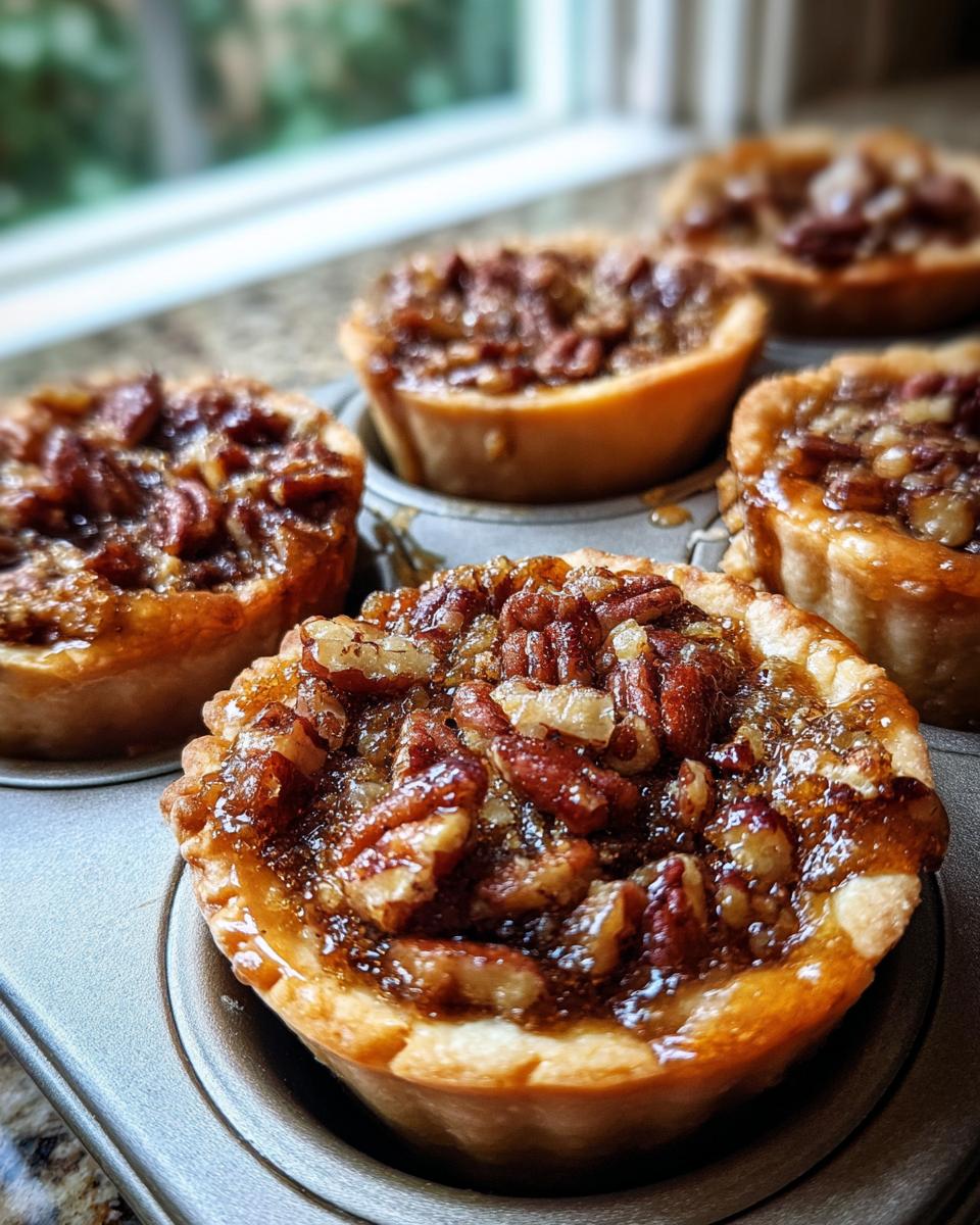 Close-up of several gooey mini pecan pies cooling in a metal muffin tin, featuring caramelized pecans.