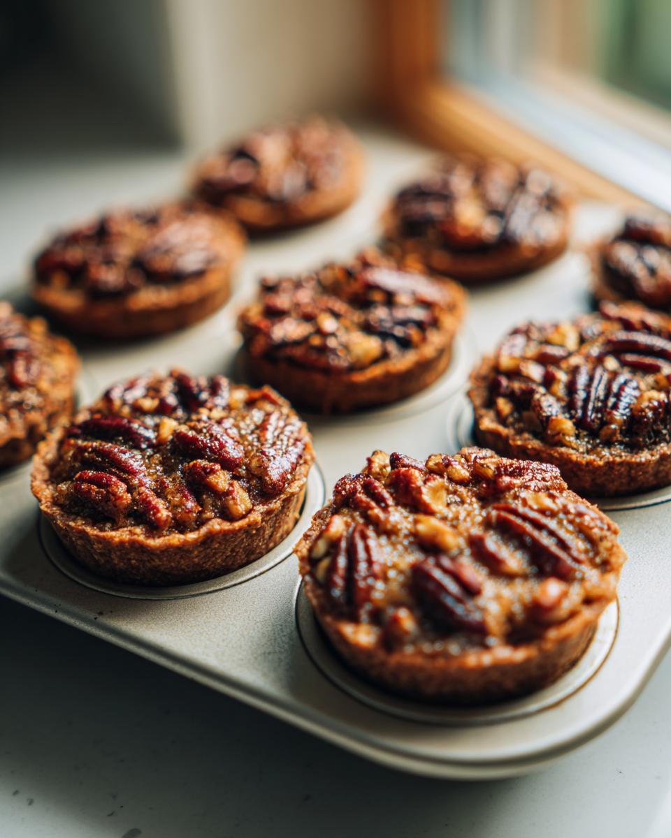 Close-up of freshly baked, gooey mini pecan pies cooling in a metal muffin tin.