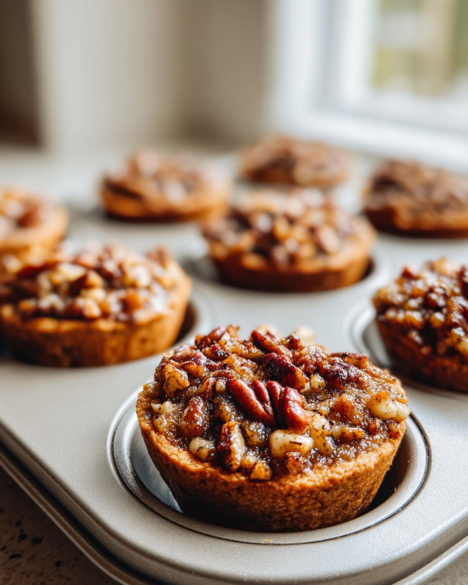 Close-up of a freshly baked, gooey mini pecan pie topped with pecans in a standard muffin tin.