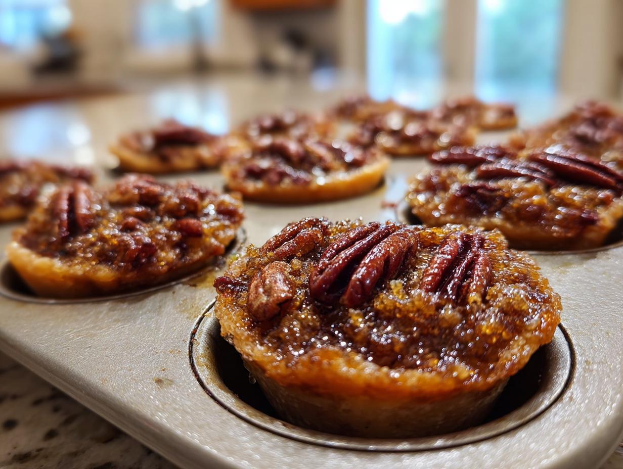 Close-up of several gooey mini pecan pies cooling in a metal muffin tin, topped with glossy pecans.