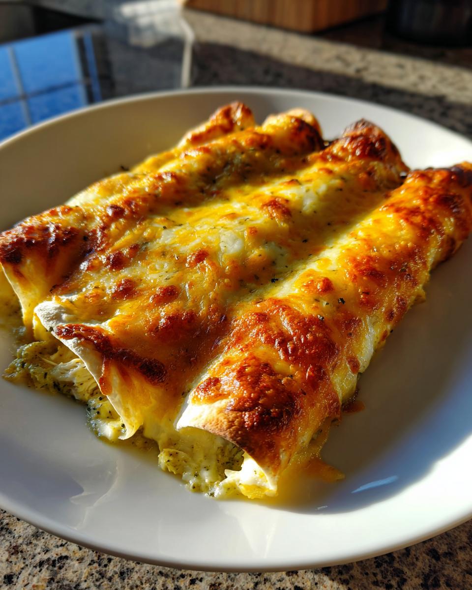 Three baked green chile chicken enchiladas covered in bubbling, golden-brown melted cheese on a white plate.