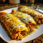Close-up of three baked green chile chicken enchiladas covered in melted white and yellow cheese and green sauce.