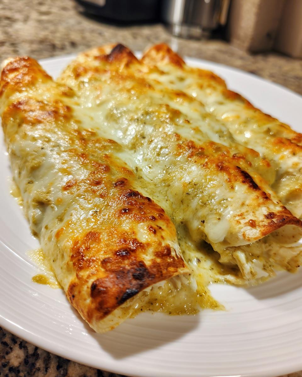 Close-up of three baked green chile chicken enchiladas covered in melted, slightly browned cheese.